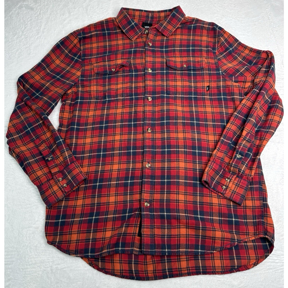 Vans Classic Fit Flannel Button Up Mens XL Red Multicolor Plaid Long Sleeve